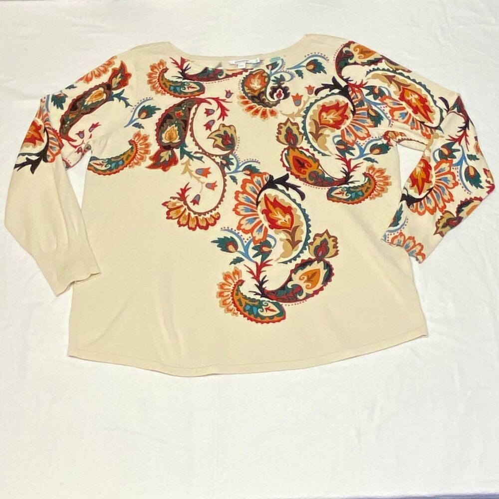 Chico’s Rust Green XL Knit Sweater Tee Long Sleeve Paisley Bateau Neck Pull Over - Picture 8 of 14